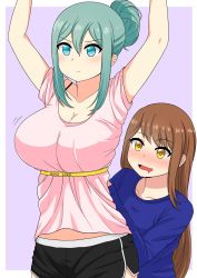Rule 34 | 2girls, angry, asa midori, blue shirt, breasts, brown hair, drooling, green eyes, green hair, hair bun, heart, heart-shaped pupils, highres, large breasts, measuring, motion lines, multiple girls, no pupils, open mouth, original, pink shirt, rezu (the only shoe), shirt, shorts, sidelocks, simple background, single hair bun, symbol-shaped pupils, tape measure, the only shoe, yellow eyes, yuri