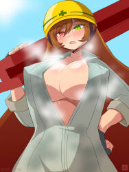 Rule 34 | 1girl, blue sky, blush, breasts, breath, brown hair, carrying over shoulder, cleavage, constriction, construction worker, covered erect nipples, eyelashes, fingerless gloves, from below, gloves, hand on own hip, hard hat, helmet, heterochromia, highres, holding, hot, i-beam, itini-sanshi, large breasts, long hair, looking at viewer, open mouth, rozen maiden, shiny skin, signature, sky, steam, steaming body, steel beam, suiseiseki, summer, sunlight, sweat, upper body, very long hair, yellow headwear