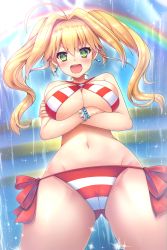 Rule 34 | &gt;:d, 1girl, :d, ahoge, bare arms, bare shoulders, bead bracelet, beads, bikini, blonde hair, blue sky, blurry, blurry background, blush, bracelet, breasts, cloud, commentary request, cowboy shot, crossed arms, day, earrings, fate/grand order, fate (series), floating hair, from below, glint, green eyes, groin, hair between eyes, hair intakes, halterneck, highres, jewelry, large breasts, long hair, looking at viewer, navel, nero claudius (fate), nero claudius (fate) (all), nero claudius (swimsuit caster) (fate), open mouth, outdoors, rainbow, red bikini, samoore, side-tie bikini bottom, sky, smile, solo, sparkle, stairs, standing, stomach, striped bikini, striped clothes, swimsuit, twintails, v-shaped eyebrows, white bikini