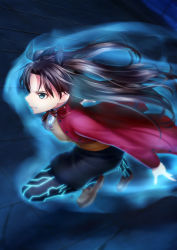 Rule 34 | 1girl, black pantyhose, blue eyes, brown hair, clenched teeth, coat, fate/stay night, fate (series), glowing, kai (link2262), long hair, long sleeves, magic, pantyhose, ribbon, running, skirt, solo, sweatdrop, teeth, tile floor, tiles, tohsaka rin, twintails, two side up, vest