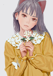 Rule 34 | 1girl, animal ears, cat ears, closed mouth, dress, earrings, feiqizi (fkey), fingernails, fkey, flower, grey hair, head tilt, highres, holding, holding flower, jewelry, long hair, long sleeves, looking at viewer, nail polish, original, own hands together, red eyes, signature, simple background, solo, upper body, white background, white flower, yellow dress, yellow nails