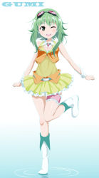 Rule 34 | 1girl, absurdres, aoki minami (+box), blush, boots, character name, full body, goggles, goggles on head, green eyes, green hair, gumi, headset, highres, kyuu pito, leg up, long hair, matching hair/eyes, one eye closed, open mouth, red-tinted eyewear, short hair, skirt, smile, solo, standing, standing on one leg, tinted eyewear, vocaloid