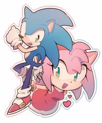 Rule 34 | 1boy, 1girl, amy rose, animal ears, animal nose, aoki (fumomo), bare shoulders, blue fur, bracelet, breasts, dress, eyelashes, furry, furry female, furry male, gloves, gold bracelet, green eyes, hairband, hand up, heart, hedgehog, hedgehog ears, hedgehog girl, hedgehog tail, jewelry, leg up, looking at viewer, looking to the side, medium breasts, open mouth, pink fur, red dress, red footwear, red hairband, shoes, simple background, sleeveless, sleeveless dress, smile, sneakers, socks, sonic (series), sonic the hedgehog, standing, standing on one leg, tail, tongue, turtleneck, turtleneck dress, white background, white gloves, white socks