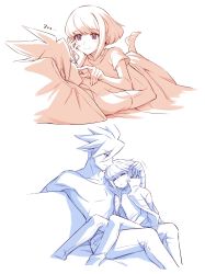 Rule 34 | 2boys, androgynous, barefoot, bed, bed sheet, blue eyes, couch, earrings, galo thymos, highres, jacket, jacket on shoulders, jewelry, lio fotia, lying on person, male focus, monochrome, multiple boys, nonu3ta, pillow, promare, purple eyes, short hair, sitting, sitting on lap, sitting on person, size difference, sleeping, smile, spiked hair, yaoi