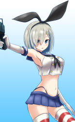 Rule 34 | 1girl, armpits, blue background, blue eyes, blush, breasts, cosplay, crop top, crop top overhang, elbow gloves, gloves, gradient background, hair ornament, hair over one eye, hairband, hairclip, hamakaze (kancolle), highres, kantai collection, large breasts, looking at viewer, microskirt, midriff, navel, parted lips, personification, ryuusama, shimakaze (kancolle), shimakaze (kancolle) (cosplay), short hair, silver hair, skirt, solo, striped clothes, striped thighhighs, thighhighs