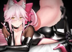 Rule 34 | 1girl, animal ear fluff, animal ears, arind yudha, ass, black bodysuit, blush, bodysuit, bow, breasts, choker, cleavage, fate/grand order, fate (series), fox ears, fox girl, fox tail, glasses, hair between eyes, hair bow, highres, hip vent, koyanskaya (assassin) (first ascension) (fate), koyanskaya (fate), large breasts, long hair, looking at viewer, lying, on stomach, pink bow, pink hair, ponytail, sidelocks, solo, tail, tamamo (fate), yellow eyes