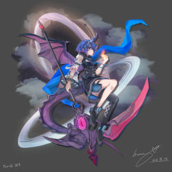 Rule 34 | 1girl, absurdres, bad id, bad pixiv id, belt, black belt, black footwear, black skirt, black thighhighs, black wings, blue eyes, blue hair, blue ribbon, boots, breasts, character name, choker, commentary, cross, dated, dragon girl, dragon horns, dragon tail, dragon wings, ear piercing, earrings, english commentary, eyeball, fire, full body, grey background, hair ornament, highres, holding, holding scythe, horns, humany, jewelry, long sleeves, looking at viewer, medium breasts, multiple belts, navel, neck ribbon, o-ring, original, piercing, ribbon, scythe, see-through, see-through sleeves, short hair, shoulder pads, signature, single sleeve, single thighhigh, skirt, solo, tail, thighhighs, wings