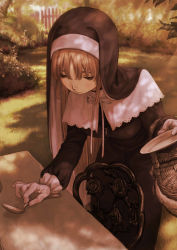 Rule 34 | 1girl, absurdres, basket, black eyes, blush, brown hair, bush, carving, chair, closed mouth, fence, flower, gate, gloves, grass, habit, highres, holding, holding plate, hotateyuki, leaning forward, light blush, light rays, long hair, long sleeves, looking down, nijisanji, nun, outdoors, picnic basket, pink flower, plant, plate, ribbon, sister claire, sister claire (1st costume), solo, spoon, standing, sunbeam, sunlight, table, traditional nun, tree, tree shade, virtual youtuber, white flower, white gloves, white neckwear, white ribbon