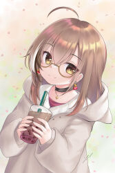 Rule 34 | 1girl, ahoge, berry, black choker, brown eyes, brown hair, brown hoodie, bubble tea, choker, crossed bangs, earrings, falling petals, food-themed earrings, highres, hololive, hololive english, hood, hoodie, jewelry, long hair, looking at viewer, multicolored hair, nanashi mumei, nanashi mumei (casual), necklace, official alternate costume, oversized clothes, petals, red shirt, shirt, sidelocks, simple background, sleeves past wrists, smile, streaked hair, sweater, virtual youtuber, white sweater, yoli-chan