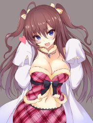 Rule 34 | 10s, 1girl, :d, blush, bow, breasts, brown eyes, checkered clothes, checkered skirt, choker, cleavage, collarbone, cowboy shot, hair between eyes, hair bow, head tilt, heart, ichinose shiki, idolmaster, idolmaster cinderella girls, jewelry, lab coat, large breasts, long hair, looking at viewer, nakatama kyou, navel, necklace, open clothes, open mouth, paw pose, pendant, purple eyes, red skirt, skirt, sleeves past wrists, smile, solo, standing, two side up, very long hair