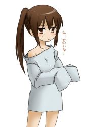 Rule 34 | 00s, 1girl, duplicate, gender request, genderswap, kyon, kyonko, off shoulder, oversized clothes, ponytail, simple background, solo, suzumiya haruhi no yuuutsu, sweater, translated
