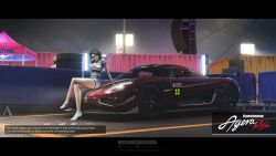 Rule 34 | 1girl, absurdres, artist name, black eyes, black hair, breasts, cleavage, commentary, cropped shirt, crossed legs, email address, english commentary, english text, forza, forza horizon 5, glasses, head tilt, high heels, highres, instagram logo, instagram username, koenigsegg (automobile), koenigsegg agera, koenigsegg agera rs, medium breasts, moskva (ryan greythorn), on vehicle, original, pirelli, pixiv id, pixiv logo, race queen, ryan greythorn, screenshot background, shirt, sitting, smile, solo, twitter logo, vehicle focus, white footwear, white shirt