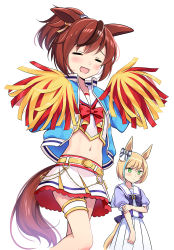 Rule 34 | 2girls, = =, animal ears, belt, blonde hair, blue jacket, blush, brown hair, closed eyes, ears down, feet out of frame, green eyes, highres, holding, holding pom poms, horse ears, horse girl, horse tail, jacket, little cocon (umamusume), midriff, multicolored hair, multiple girls, navel, nice nature (run&amp;win) (umamusume), nice nature (umamusume), odawara hakone, open clothes, open jacket, open mouth, pom pom (cheerleading), pom poms, ponytail, puffy short sleeves, puffy sleeves, purple shirt, sailor collar, school uniform, shirt, short hair, short sleeves, simple background, skirt, smile, solo focus, streaked hair, tail, thigh strap, tracen school uniform, umamusume, white background, white skirt