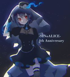 Rule 34 | 1girl, alice (sinoalice), anniversary, black gloves, blue hair, breasts, choker, cleavage, dress, earrings, english text, facepaint, fishnets, gloves, goth fashion, hat, highres, jewelry, legband, looking at viewer, puffy short sleeves, puffy sleeves, red eyes, ribbon, short sleeves, simple background, sinoalice, thighhighs, top hat, yuna726, zettai ryouiki