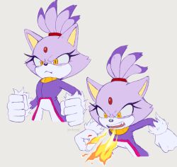 Rule 34 | 1girl, absurdres, animal ears, blaze the cat, breathing fire, cat ears, cat girl, cat tail, eyelashes, fire, forehead jewel, fur-trimmed gloves, fur trim, gloves, gold necklace, highres, hikariviny, jacket, jewelry, necklace, pants, purple fur, purple jacket, simple background, sonic (series), tail, topknot, white gloves, white pants, yellow eyes