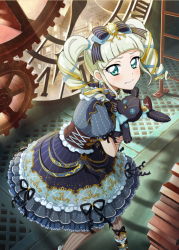 Rule 34 | 1girl, aikatsu!, aikatsu! (series), aqua eyes, artist request, blonde hair, blue dress, blue eyes, blunt bangs, bow, clock, corset, dot nose, dress, drill hair, earrings, feet out of frame, frilled dress, frills, gears, gold trim, hair bow, hair ornament, hair ribbon, highres, hugging object, jewelry, ladder, lolita fashion, looking at viewer, nervous, official art, pantyhose, puffy short sleeves, puffy sleeves, ribbon, roman numeral, short sleeves, sidelocks, standing, striped clothes, striped legwear, striped pantyhose, stuffed animal, stuffed rabbit, stuffed toy, sweatdrop, todo yurika, twin drills, vertical-striped clothes, vertical-striped pantyhose