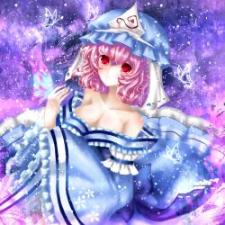 Rule 34 | 1girl, bad id, bad pixiv id, bare shoulders, breasts, cleavage, hat, highres, japanese clothes, looking at viewer, open clothes, pink eyes, pink hair, ribbon, saigyouji yuyuko, sheya, short hair, solo, touhou, triangular headpiece