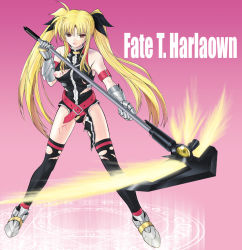 Rule 34 | 00s, 1girl, alpine, angry, bardiche (haken form) (nanoha), bardiche (nanoha), blonde hair, breasts, energy blade, fate testarossa, fate testarossa (true sonic form), female pubic hair, gauntlets, injury, long hair, lyrical nanoha, magic circle, mahou shoujo lyrical nanoha, mahou shoujo lyrical nanoha strikers, medium breasts, nipples, no panties, pubic hair, red eyes, scythe, solo, thighhighs, torn clothes, torn thighhighs, twintails