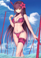 Rule 34 | 1girl, bare arms, bikini, bracelet, breasts, cleavage, cloud, cloudy sky, collarbone, day, fate/grand order, fate (series), flower, gradient hair, hair between eyes, hair flower, hair ornament, hair over shoulder, highres, holding, holding weapon, jewelry, large breasts, bridal garter, crossed legs, long hair, multicolored hair, navel, outdoors, parted lips, polearm, purple bikini, purple hair, red eyes, scathach (fate), scathach (fate), scathach (swimsuit assassin) (fate), silver hair, sky, solo, spear, standing, stomach, string bikini, swimsuit, two-tone hair, very long hair, wading, water, weapon, wet, xiaosan ye