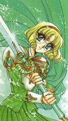 Rule 34 | 1990s (style), 1girl, armor, armored dress, blonde hair, cape, clamp, glasses, green background, green eyes, green shirt, green skirt, green theme, hairband, hououji fuu, magic knight rayearth, official art, retro artstyle, round eyewear, scan, school uniform, shirt, short hair, skirt, solo, sword, weapon