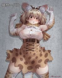 Rule 34 | 1girl, animal ears, blonde hair, blush, bow, bowtie, breasts, covered erect nipples, elbow gloves, extra ears, gloves, high-waist skirt, highres, kemono friends, large breasts, looking at viewer, lying, miniskirt, nyororiso (muyaa), on back, open mouth, print bow, print bowtie, print gloves, print skirt, see-through, serval (kemono friends), serval print, shirt, short hair, skirt, sleeveless, sleeveless shirt, solo, striped tail, tail, thighhighs, underbust, white bow, white bowtie, zettai ryouiki