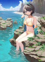 Rule 34 | 1girl, absurdres, beach, bikini, black hair, blue eyes, blue hairband, blue jacket, blue sky, cloud, commentary request, day, full body, hair ribbon, hairband, highres, hololive, jacket, knees together feet apart, oozora subaru, oozora subaru (hololive summer 2019), outdoors, pointing, pointing at self, polka dot, polka dot ribbon, ribbon, rock, short hair, sky, sl10 d, soaking feet, striped bikini, striped clothes, swept bangs, swimsuit, virtual youtuber, yellow bikini