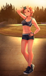 Rule 34 | 1girl, abs, bare shoulders, black footwear, blush, breasts, cleavage, closed mouth, commentary, dated, earrings, english commentary, gym shorts, hair bun, hand on own hip, hand up, highres, jewelry, looking at viewer, medium breasts, navel, original, red eyes, red hair, shoes, short hair, shorts, signature, single hair bun, solo, sports bra, sportswear, standing, sunset, temachii, wiping sweat, wristband