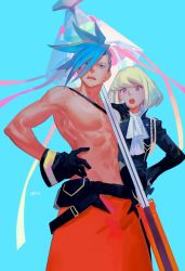 Rule 34 | 2boys, bad id, bad twitter id, black gloves, black jacket, blonde hair, blue eyes, blue hair, ascot, galo thymos, gloves, hand on another&#039;s shoulder, hand on own hip, highres, jacket, lio fotia, male focus, multiple boys, open mouth, pectorals, pofu31, polearm, promare, purple eyes, topless male, spear, spiked hair, weapon