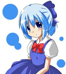 Rule 34 | 1girl, alternate hairstyle, bow, cirno, dress, female focus, hair bow, lowres, mikan imo, ponytail, solo, embodiment of scarlet devil, touhou, white background