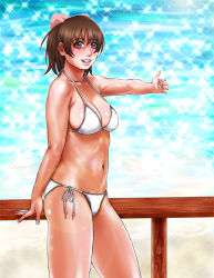 Rule 34 | 1girl, aoi minamo, bikini, blush, bow, breasts, brown eyes, brown hair, brown theme, cleavage, collarbone, cowboy shot, cropped legs, female focus, fingernails, kazuki kotobuki, large bow, long hair, looking at viewer, navel, outdoors, outstretched arm, parted lips, pink bow, ponytail, real drive, side-tie bikini bottom, smile, solo, swimsuit, water, white bikini, wide ponytail
