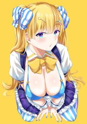 Rule 34 | 1girl, bikini, bikini top only, blonde hair, blue bikini, blue eyes, blue nails, blush, bow, bowtie, breasts, cleavage, covered erect nipples, dress, frilled dress, frills, hair bow, hair ornament, hairclip, highres, large breasts, lina (michihasu), long hair, looking at viewer, multicolored eyes, nail polish, naya qqq, original, parted lips, puffy short sleeves, puffy sleeves, purple eyes, short sleeves, simple background, sitting, skindentation, solo, striped bow, striped clothes, striped thighhighs, swimsuit, thighhighs, twintails, v-shaped eyebrows, wariza, wing collar, wrist cuffs, yellow background