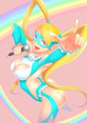 Rule 34 | 1girl, arched back, ass, bare shoulders, blonde hair, blue eyes, breasts, cleavage, highres, leotard, long hair, mask, pointing, rainbow mika, shoulder cutout, solo, street fighter, street fighter v, suzuki yuuichi, twintails, wrestling outfit