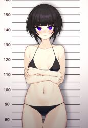 Rule 34 | 1girl, absurdres, bikini, black bikini, black hair, blunt bangs, blush, closed mouth, collarbone, commentary request, commission, cowboy shot, crossed arms, expressionless, height chart, height mark, highres, idolmaster, idolmaster cinderella girls, looking at viewer, mugshot, navel, purple eyes, shirayuki chiyo, short hair, skeb commission, solo, standing, stomach, swimsuit, taiyou-n