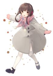 Rule 34 | 1girl, black footwear, blush, brown eyes, brown hair, coat, full body, grey coat, hair ribbon, highres, kantai collection, long sleeves, looking at viewer, mittens, open mouth, pantyhose, pink mittens, plaid, plaid scarf, pom pom (clothes), ribbon, scarf, shakemi (sake mgmgmg), shoes, short hair with long locks, simple background, solo, star (symbol), ukuru (kancolle), white background, white pantyhose