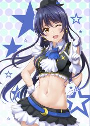 Rule 34 | 1girl, blouse, blue hair, blush, ca ba ya ki, collared shirt, commentary request, crop top, earrings, gloves, hat, highres, jewelry, long hair, looking at viewer, love live!, love live! school idol project, midriff, miniskirt, navel, no brand girls, one eye closed, open mouth, pointing, pointing up, shirt, skirt, sleeveless, sleeveless shirt, smile, solo, sonoda umi, stomach, white gloves
