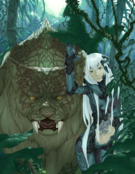 Rule 34 | 1girl, animal, fangs, harmaline, highres, jungle, long hair, monster, nature, open mouth, original, solo, tiger, very long hair, white hair, yellow eyes