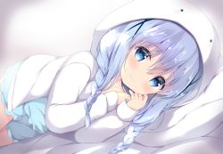 Rule 34 | 1girl, amedamacon, bed sheet, blue camisole, blue eyes, blue hair, blue shorts, blush, braid, camisole, closed mouth, collarbone, dutch angle, gochuumon wa usagi desu ka?, hair between eyes, hair ornament, hands up, highres, hood, hood up, hooded jacket, jacket, kafuu chino, long sleeves, looking at viewer, low twintails, lying, on side, pillow, short shorts, shorts, sleeves past wrists, smile, solo, tippy (gochiusa), twin braids, twintails, white jacket, x hair ornament