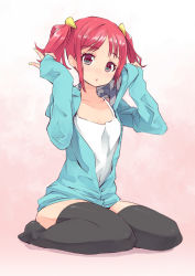 Rule 34 | 1girl, :&lt;, black thighhighs, hood, hooded jacket, jacket, maeda risou, nail polish, no pants, open mouth, red eyes, red hair, short twintails, sitting, sleeves past wrists, solo, tank top, thighhighs, twintails, wariza