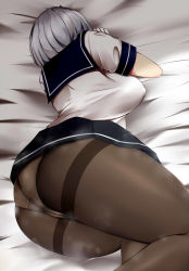 Rule 34 | 1girl, ass, bad id, bad pixiv id, blue skirt, breasts, covered erect nipples, gloves, hamakaze (kancolle), highres, kantai collection, large breasts, lying, on bed, on side, pantyhose, pleated skirt, short hair, short sleeves, silver hair, skirt, solo, steaming body, terakoya, thighband pantyhose, white gloves