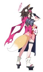 Rule 34 | 1girl, adapted costume, animal ears, black hair, blue archive, blush, closed mouth, fox ears, fox tail, full body, halo, highres, holding, holding weapon, izuna (blue archive), japanese clothes, kimono, kneepits, kunai, ninja, okobo, pink halo, pink kimono, pink scarf, reverse grip, sandals, scarf, short hair, simple background, socks, solo, suimz, tabi, tail, thigh strap, weapon, white background, white socks, yellow eyes