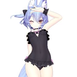 Rule 34 | 1girl, 3d, absurdres, animal ear fluff, animal ears, armadillon, armpits, bare shoulders, blue hair, blush, bow, bracelet, breasts, choker, cowboy shot, fox ears, fox girl, fox tail, frilled swimsuit, frills, hair between eyes, hair ribbon, hand up, highres, jewelry, legs together, looking at viewer, navel, one-piece swimsuit, one eye closed, open mouth, original, ribbon, short hair, small breasts, smile, solo, standing, swimsuit, tail, vrchat, yellow eyes, yuuko-zoku no onee-chan