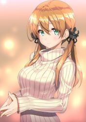 Rule 34 | 10s, 1girl, anchor hair ornament, blonde hair, blush, bra visible through clothes, breasts, gintarou (kurousagi108), green eyes, hair between eyes, hair ornament, kantai collection, long hair, looking at viewer, medium breasts, prinz eugen (kancolle), ribbed sweater, simple background, smile, solo, steepled fingers, sweater, turtleneck, twintails, upper body