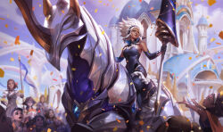 Rule 34 | 6+girls, armlet, bangle, battle queen rell, black hair, bracelet, breasts, brown hair, castle, chenbo, child, commentary, confetti, crowd, dark-skinned female, dark skin, day, english commentary, flag, hat, highres, holding, holding weapon, jewelry, lance, league of legends, medium breasts, multiple girls, outdoors, polearm, rell (league of legends), riding, short twintails, twintails, weapon, white hair