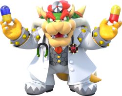 Rule 34 | 3d, absurdres, bowser, bracelet, dr. bowser, dr. mario (game), dr. mario world, formal, highres, jewelry, male focus, mario (series), nintendo, pants, pill, red hair, red tie, sharp teeth, solo, spiked bracelet, spikes, stethoscope, suit, teeth, transparent background, white footwear, white pants, white suit