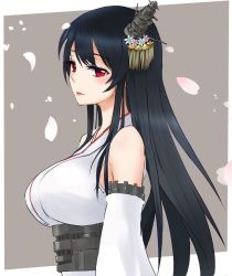 Rule 34 | 1girl, black hair, breasts, detached sleeves, eyelashes, fusou (kancolle), hair ornament, headgear, izumikuma, japanese clothes, kantai collection, large breasts, lips, long hair, looking at viewer, nontraditional miko, petals, red eyes, simple background, solo, upper body, very long hair