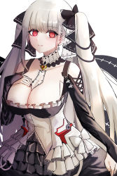 Rule 34 | 1girl, absurdres, azur lane, bad id, bad pixiv id, bare shoulders, between breasts, black dress, black nails, black ribbon, breasts, cleavage, clothing cutout, detached collar, dress, flight deck, formidable (azur lane), frilled dress, frills, gothic lolita, grey hair, hand on own chest, highres, large breasts, lolita fashion, long hair, nail polish, red eyes, ribbon, shoulder cutout, simple background, solo, twintails, two-tone dress, two-tone ribbon, very long hair, white background, white dress, zen.nico