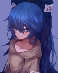 Rule 34 | 33 gaff, blue eyes, blue hair, bow, frown, hair bow, hood, hoodie, looking at viewer, ofuda, sweater, touhou, yorigami shion