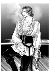 Rule 34 | 1boy, against railing, bandaged chest, bandaid, bandaid on chest, bandaid on face, belt, boots, cigar, collarbone, corset, crocodile (one piece), feet out of frame, frilled shirt, frills, greyscale, hair slicked back, highres, hook, hook hand, itokon300, jewelry, leg up, long sleeves, looking to the side, male focus, monochrome, multiple rings, one piece, open clothes, open shirt, pants, pectoral cleavage, pectorals, profile, railing, ring, scar, scar on face, scar on nose, shirt, short hair, smoke, smoking, solo, standing, stitched face, stitches, teeth