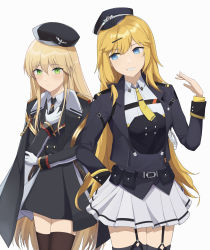 Rule 34 | 2girls, absurdres, arm behind back, arm up, ash arms, black headwear, black jacket, black legwear, black necktie, blonde hair, blue eyes, blue jacket, blush, character request, check character, closed mouth, feet out of frame, garter straps, girls&#039; frontline, gloves, green eyes, hair ornament, hairclip, hat, highres, jacket, long hair, looking at another, looking at viewer, military, military hat, military uniform, military vehicle, motor vehicle, multiple girls, necktie, open clothes, open jacket, open mouth, shirt, skirt, smile, standing, stg44 (girls&#039; frontline), tank, teeth, the void to fly, thighhighs, tiger h (ash arms), tiger i, uniform, white background, white gloves, white shirt, white skirt, yellow necktie