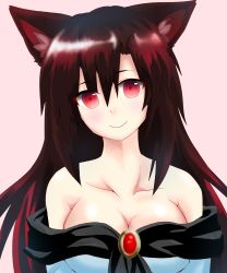 Rule 34 | 1girl, animal ears, bare shoulders, blush, breasts, brown hair, cleavage, collarbone, dress, highres, imaizumi kagerou, jewelry, jio (nayutarooo), large breasts, long hair, looking at viewer, pink background, red eyes, simple background, smile, solo, touhou, wolf ears
